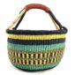 Front view of the large round Bolga basket with bold sunny, sea-green and deep inky bands, on a white background