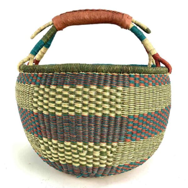 round-large-basket-862-sparkle-olive-grey-bolga-african-bashiri-3 Front view of the large round Bolga basket with muted olive and slate tones with natural checks, on a white background