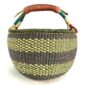 Front view of the large round Bolga basket with muted olive and slate tones with natural checks, on a white background