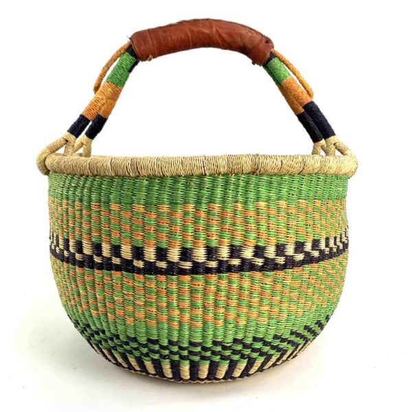 round-large-basket-863-thrive-green-navy-woven-bolga-bashiri-3 Front view of the large round Bolga basket with fresh leafy tones and a band of deep inky checks, on a white background