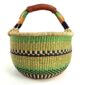 Front view of the large round Bolga basket with fresh leafy tones and a band of deep inky checks, on a white background