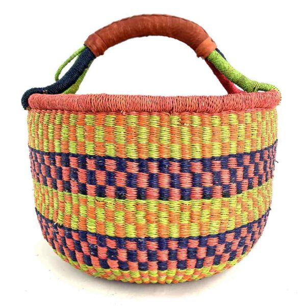 round-large-basket-864-wonder-orange-navy-lime-bolga-woven-bashiri-3 Front view of the large round Bolga basket with bright citrus and rosy bands with deep inky checks, on a white background