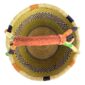 Top-down view inside the large round Bolga basket with zesty citrus tones and a diagonal inky checked section, showing the coiled base and leather handle
