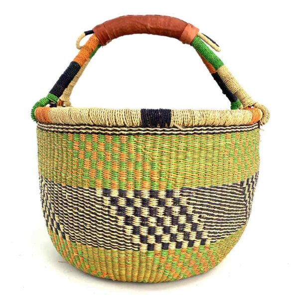 round-large-basket-865-delight-lime-navy-bolga-african-bashiri-3 Front view of the large round Bolga basket with zesty citrus tones and a diagonal inky checked section, on a white background