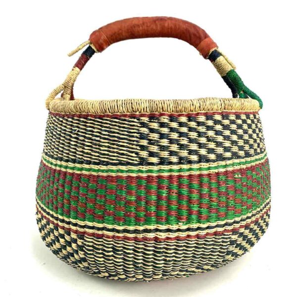 round-large-basket-866-bloom-red-green-black-woven-bolga-bashiri-3 Front view of the large round Bolga basket with fine dark checks and rust and leafy stripes, on a white background
