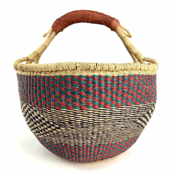 round-large-basket-868-glow-teal-red-navy-bolga-african-bashiri-3 Front view of the large round Bolga basket with a sea-green and berry band over fine inky patterning, on a white background