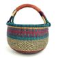 Front view of the large round Bolga basket with deep sea-green bands and berry stripes, on a white background