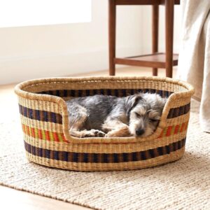 Small Frafra woven pet basket in elephant grass from Bolgatanga Ghana