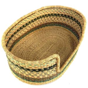 Angled view of the small Bolga cat or dog bed showing the green banding inside