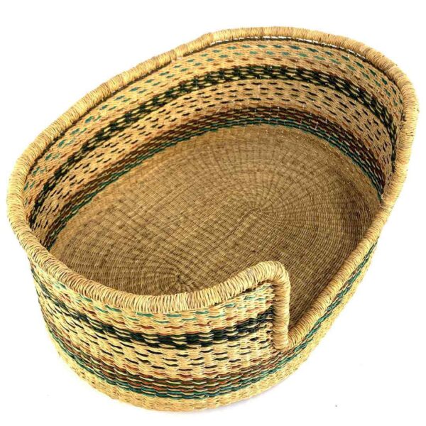 small-pet-basket-029-bubbles-cat-bed-green-stripe-elephant-grass-woven-bashiri-2 Angled view of the small Bolga cat or dog bed showing the green banding inside