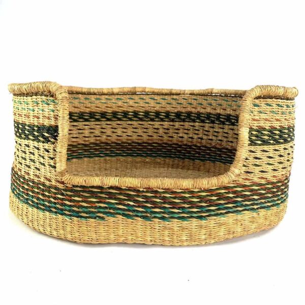 small-pet-basket-029-bubbles-cat-bed-green-stripe-elephant-grass-woven-bashiri-3 Front view of the small woven pet basket in natural grass with deep green and blue-green bands and a low front