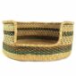 Front view of the small woven pet basket in natural grass with deep green and blue-green bands and a low front