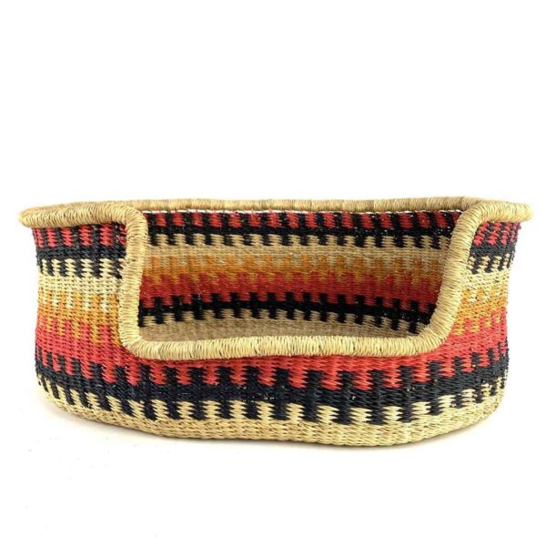 small-pet-dog-basket-026-tango-3 Front view of the small red, orange and black zigzag Bolga pet basket with its dipped front