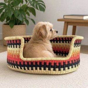 Small red, orange and black Bolga pet basket with a puppy sitting inside, in a living room