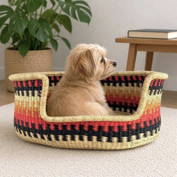 Small red, orange and black Bolga pet basket with a puppy sitting inside, in a living room