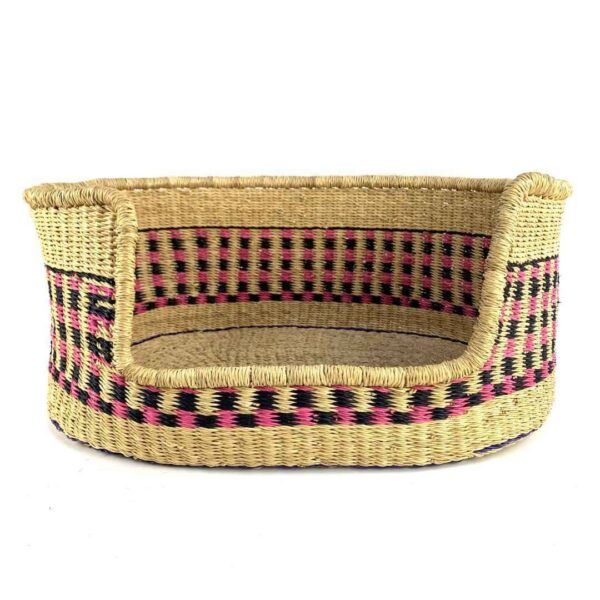 small-pet-dog-basket-027-chacha-3 Front view of the small natural Bolga pet basket with pink and black checks and a dipped front