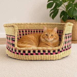 Small natural Bolga pet basket with pink and black checked bands and a ginger cat lying inside