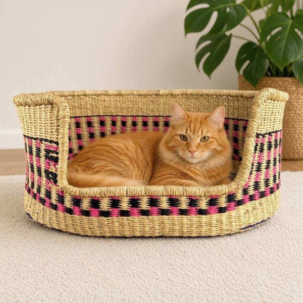 Small natural Bolga pet basket with pink and black checked bands and a ginger cat lying inside