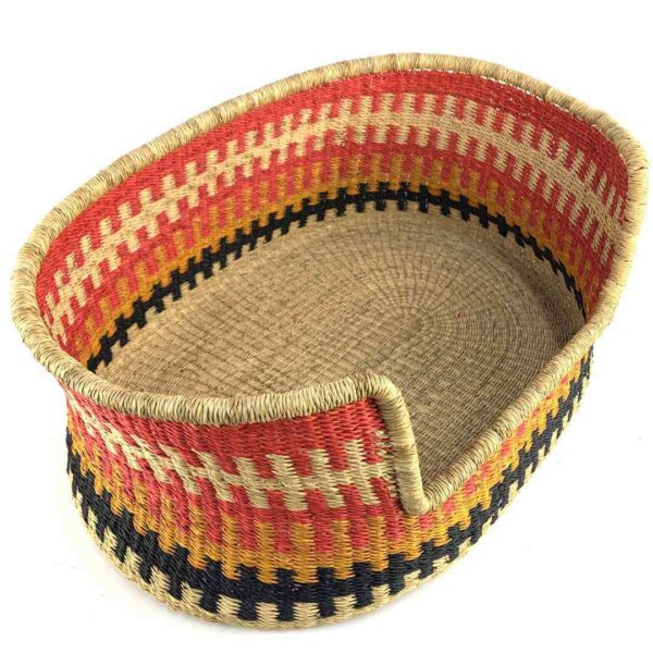 small-pet-dog-basket-028-hoola-2 Angled view of the small coral checked pet basket showing the woven elephant grass base