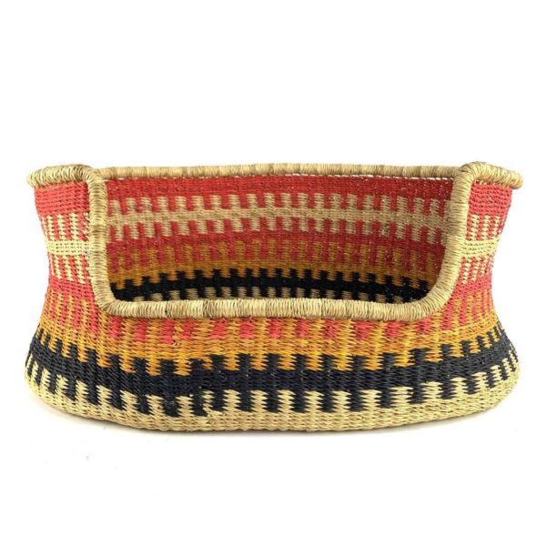 small-pet-dog-basket-028-hoola-3 Front view of the small coral, black and yellow Bolga pet basket with its dipped front