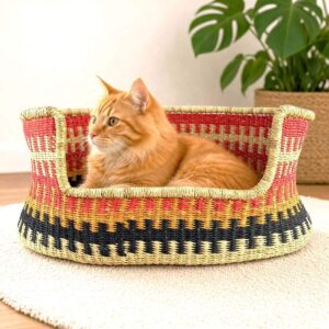 Small coral and black Bolga pet basket with a ginger cat sitting inside, in a living room