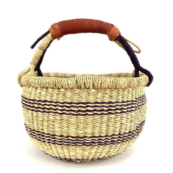 small-round-african-basket-703-akua-bashiri-2 Front view of the small round Bolga basket with deep-toned stripes on a natural weave