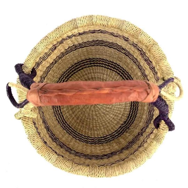 small-round-african-basket-703-akua-bashiri-3 Top view of the small round Bolga basket showing the coiled base and leather-wrapped handle