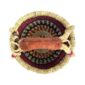 Top-down view inside the small round Bolga basket with pink and navy bands on natural straw, showing the coiled base