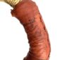 Close-up of the scuffed leather handle of the small round Bolga basket with pink and navy bands on natural straw