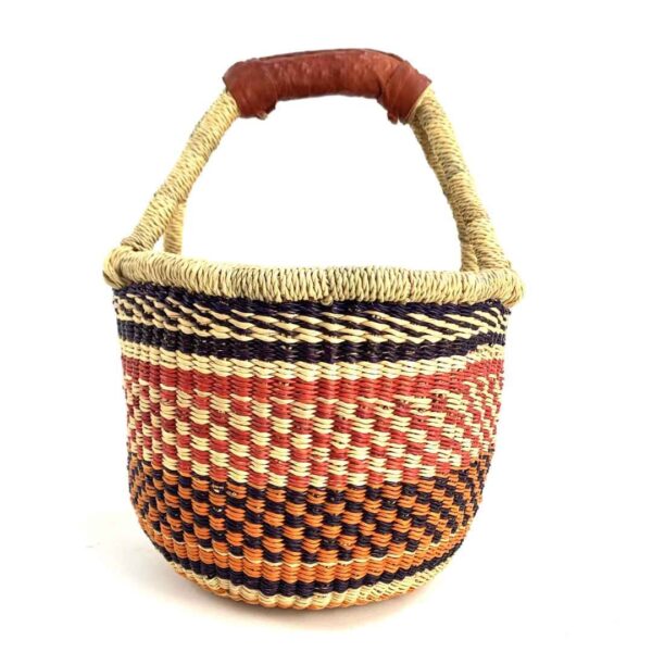 small-round-basket-717-spirals-orange-navy-woven-bolga-bashiri-3 Front view of the small round Bolga basket with orange, red and navy stacked bands, on a white background