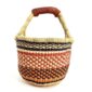 Front view of the small round Bolga basket with orange, red and navy stacked bands, on a white background