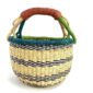 Front view of the small round Bolga basket with navy stripes on natural straw with a teal and green rim, on a white background