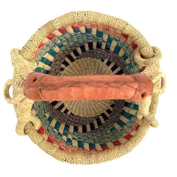 small-round-basket-722-earthly-teal-red-bolga-woven-bashiri-2 Top-down view inside the small round Bolga basket with teal, red and dark stepped bands, showing the coiled base