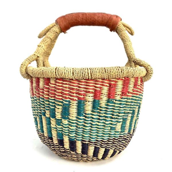 small-round-basket-722-earthly-teal-red-bolga-woven-bashiri-3 Front view of the small round Bolga basket with teal, red and dark stepped bands, on a white background