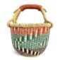 Front view of the small round Bolga basket with teal, red and dark stepped bands, on a white background