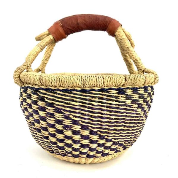 small-round-basket-724-cactus-navy-natural-woven-bolga-bashiri-3 Front view of the small round Bolga basket with a navy and natural staggered check, on a white background