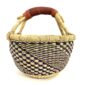 Front view of the small round Bolga basket with a navy and natural staggered check, on a white background
