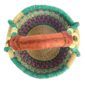 Top-down view inside the small round Bolga basket with teal and pink checked bands with a teal rim, showing the coiled base