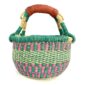 Front view of the small round Bolga basket with teal and pink checked bands with a teal rim, on a white background