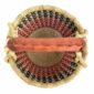 Top-down view inside the small round Bolga basket with navy checks over red and pink bands, showing the coiled base