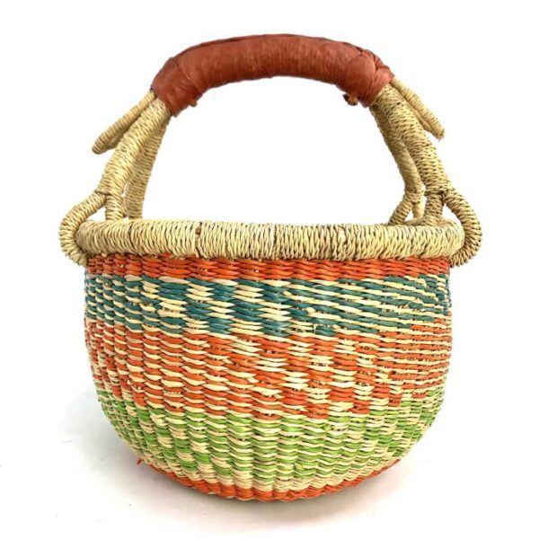 small-round-basket-727-atoms-orange-green-bolga-african-basket-bashiri-3 Front view of the small round Bolga basket with orange and green zigzag bands, on a white background