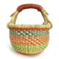 Front view of the small round Bolga basket with orange and green zigzag bands, on a white background