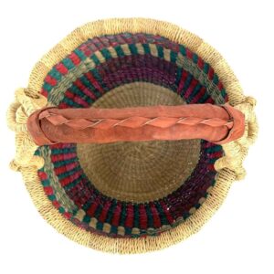 small-round-basket-728-mineral-teal-red-stripe-woven-bolga-bashiri-2 Top-down view inside the small round Bolga basket with teal, red and natural upright stripes, showing the coiled base