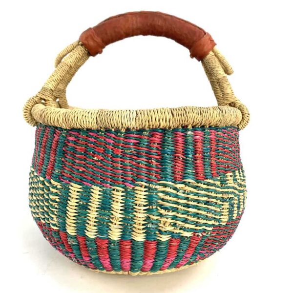 small-round-basket-728-mineral-teal-red-stripe-woven-bolga-bashiri-3 Front view of the small round Bolga basket with teal, red and natural upright stripes, on a white background