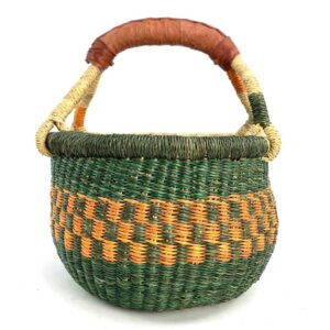 small-round-basket-729-influence-green-orange-bolga-handwoven-bashiri-3 Front view of the small round Bolga basket with dark green bands around orange checks, on a white background