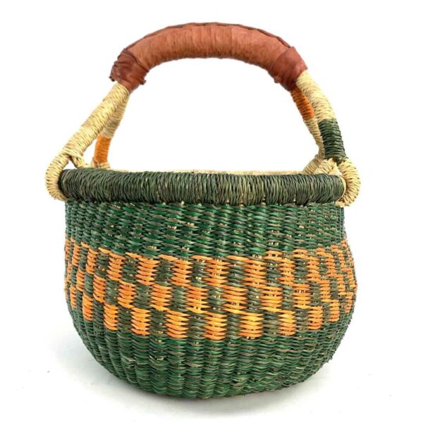 small-round-basket-729-influence-green-orange-bolga-handwoven-bashiri-3 Front view of the small round Bolga basket with dark green bands around orange checks, on a white background