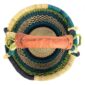 Top-down view inside the small round Bolga basket with lime, teal and navy bands, showing the coiled base