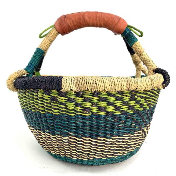 small-round-basket-730-clay-lime-teal-bolga-woven-bashiri-3 Front view of the small round Bolga basket with lime, teal and navy bands, on a white background