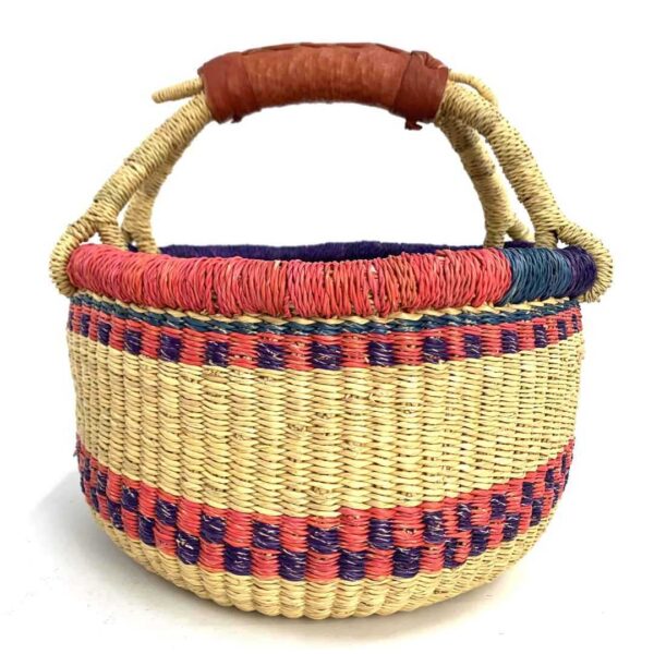 small-round-basket-731-downstream-red-purple-bolga-african-basket-bashiri-3 Front view of the small round Bolga basket with red and purple checked bands on natural straw, on a white background