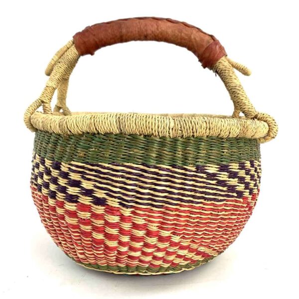 small-round-basket-732-power-red-green-woven-bolga-bashiri-3 Front view of the small round Bolga basket with red checks under green and navy bands, on a white background
